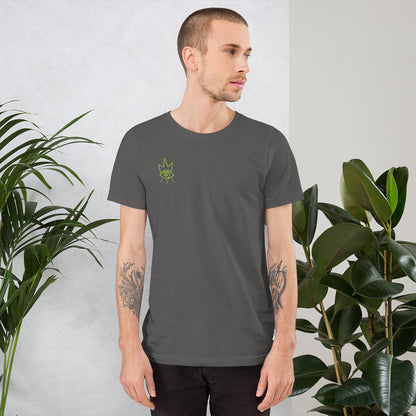 grey with lime slime green shirt